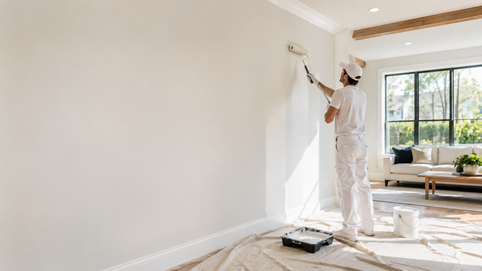 ZapMan professional painter rolling fresh paint on an interior wall